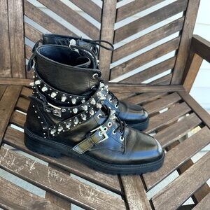 Zara Black Leather Studded Combat Boots